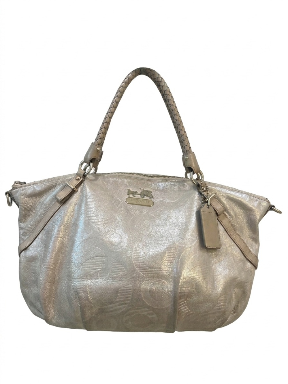 COACH Metallic Platinum Champagne Gold Embossed C Hobo Leather Satchel Purse